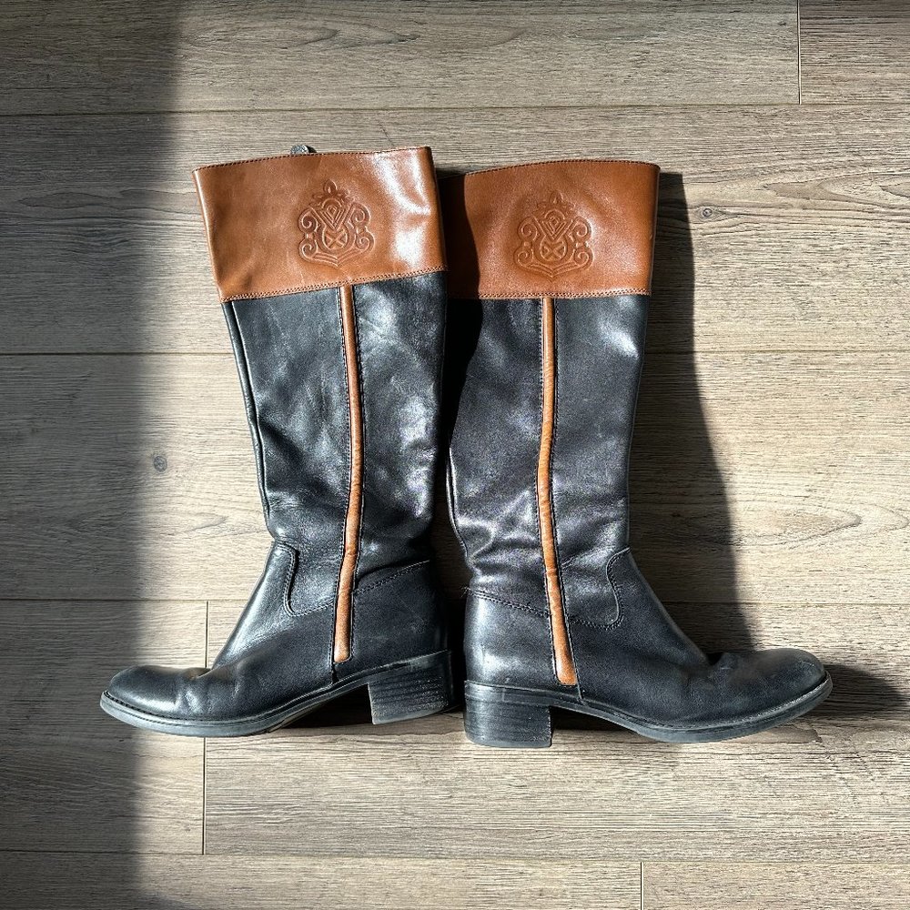 Franco Sarto Two-Tone Riding Boot Black Brown Zipper Size 7.5